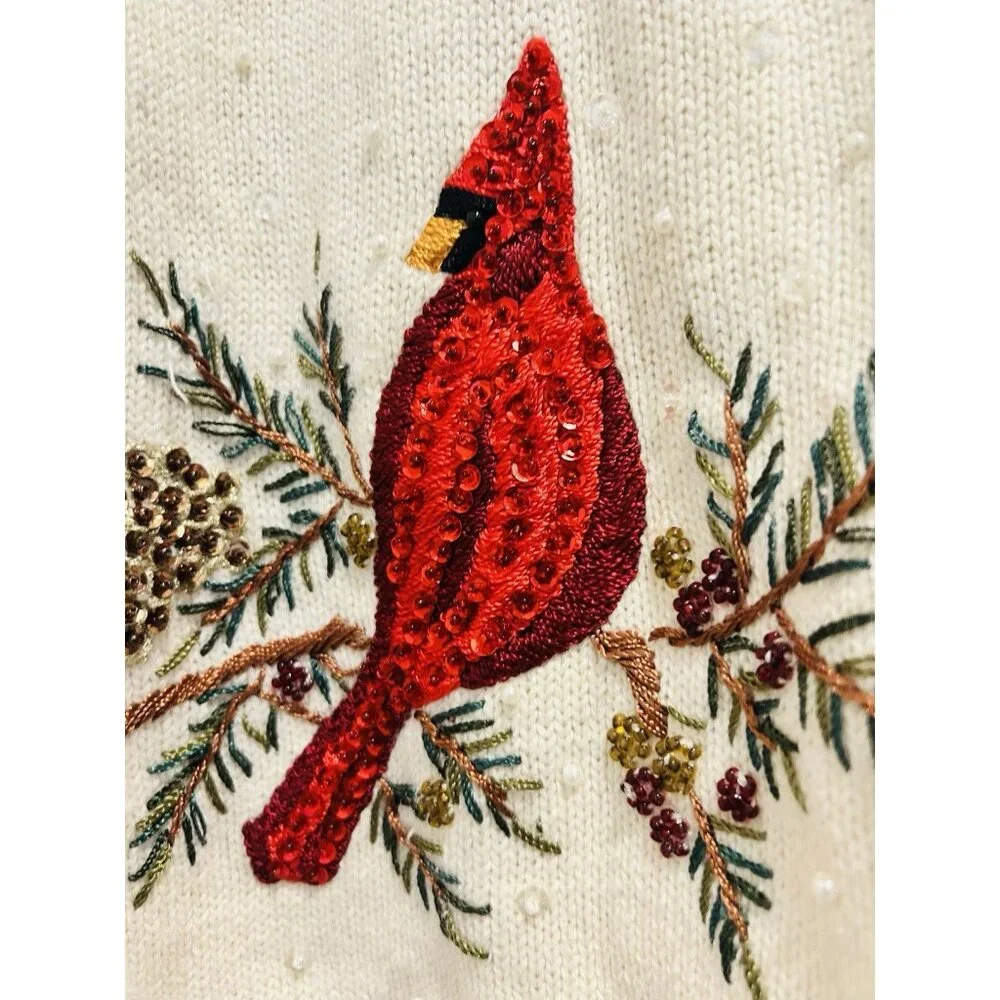 Vintage Cardinal Sweater Extra Large Beaded Sequin‎ Pearl Holiday Zipper Closure - Picture 6 of 15